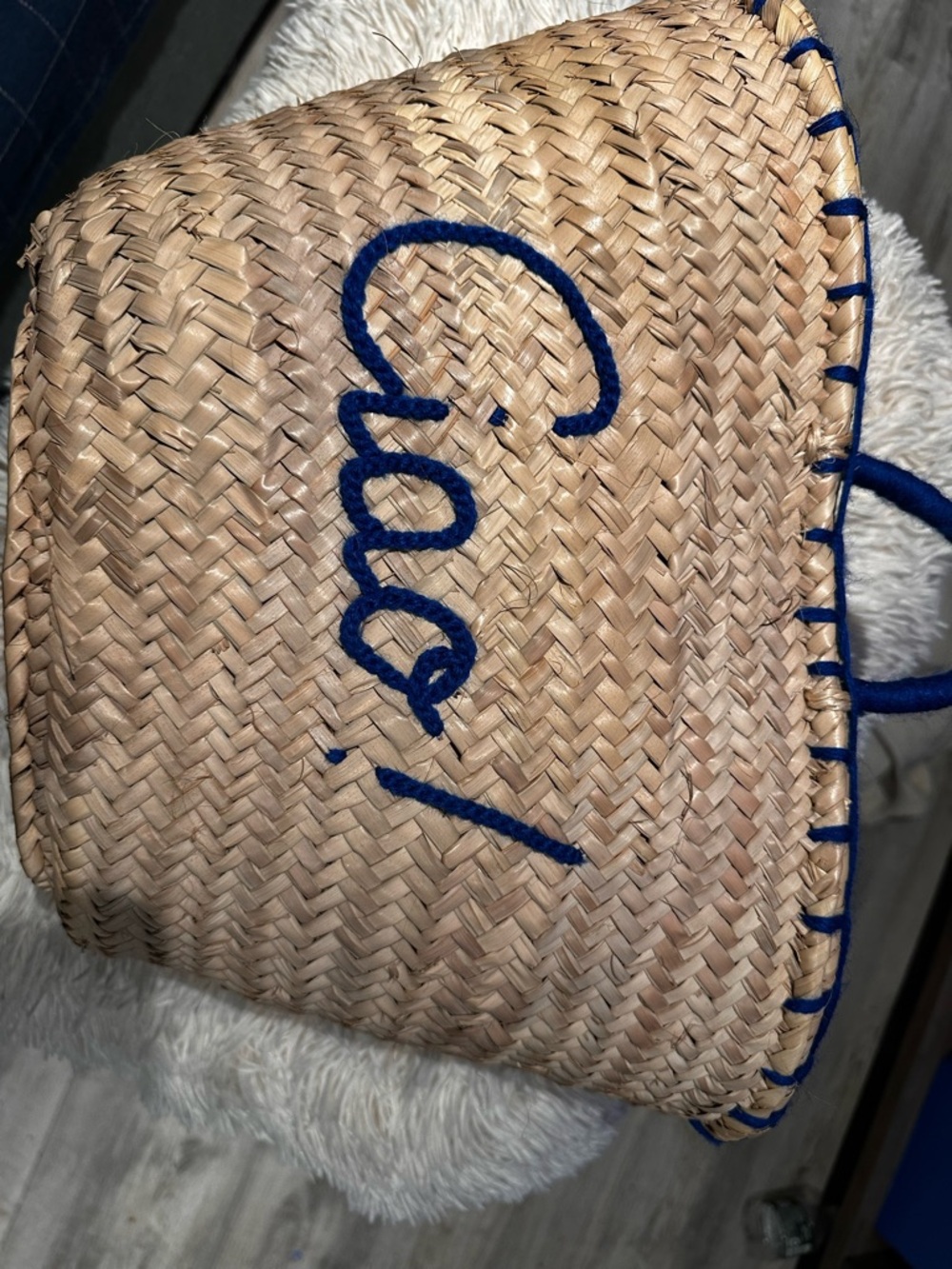 Woven Straw Tote Bag with Blue Accent - Casual Beach Handbag
